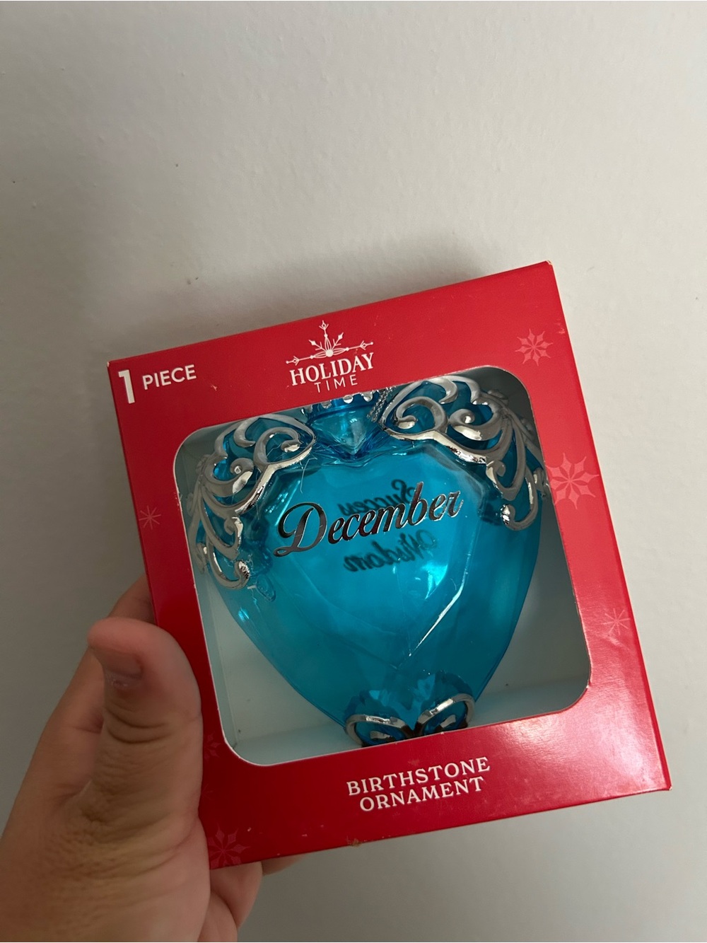 Holiday Time December Blue Silver Heart Birthstone Hanging Plastic Ornament